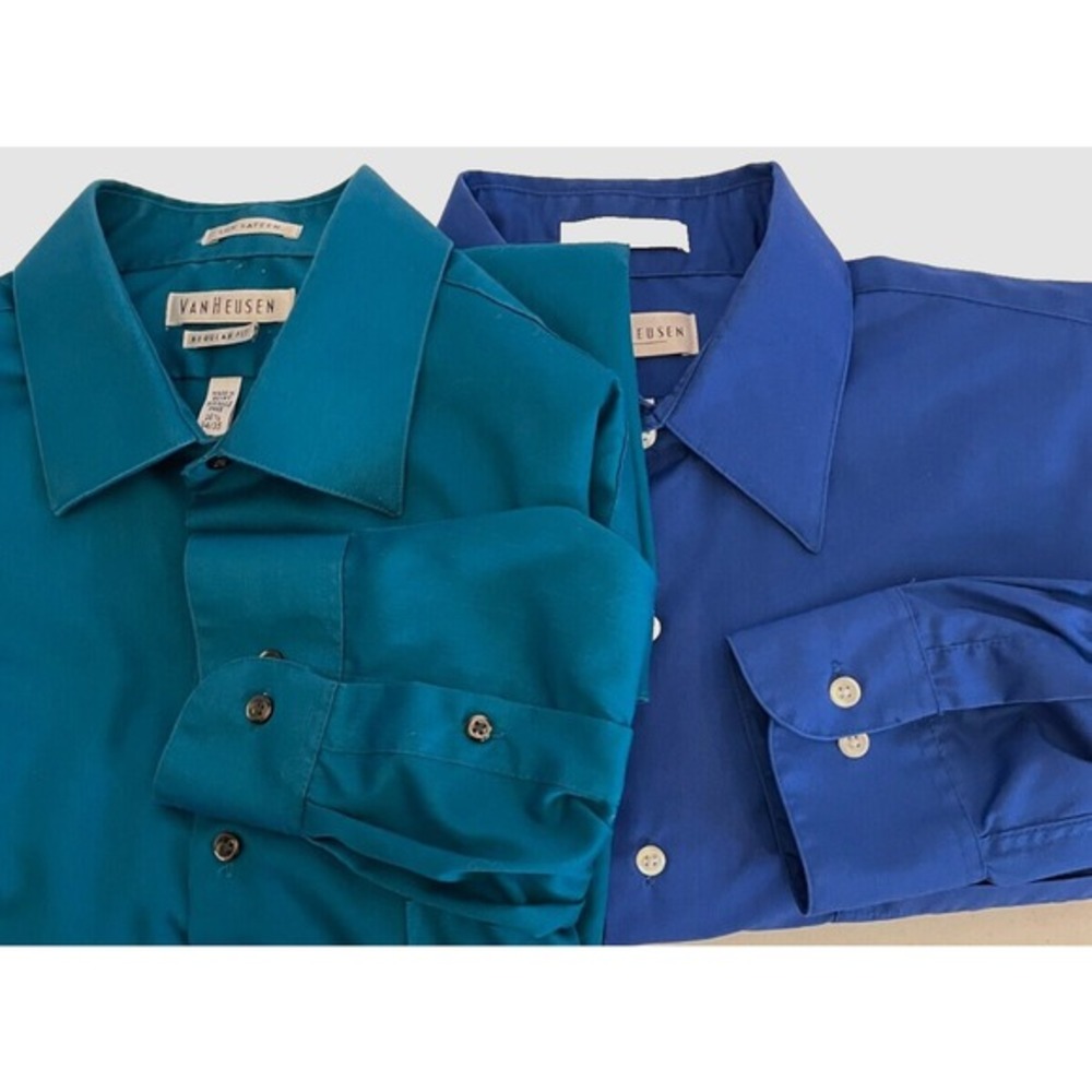 Mens Lg LS Dress Shirts Lot of 2 Reg Fit 16 1/2 Blue Teal Wrinkle Free see picts